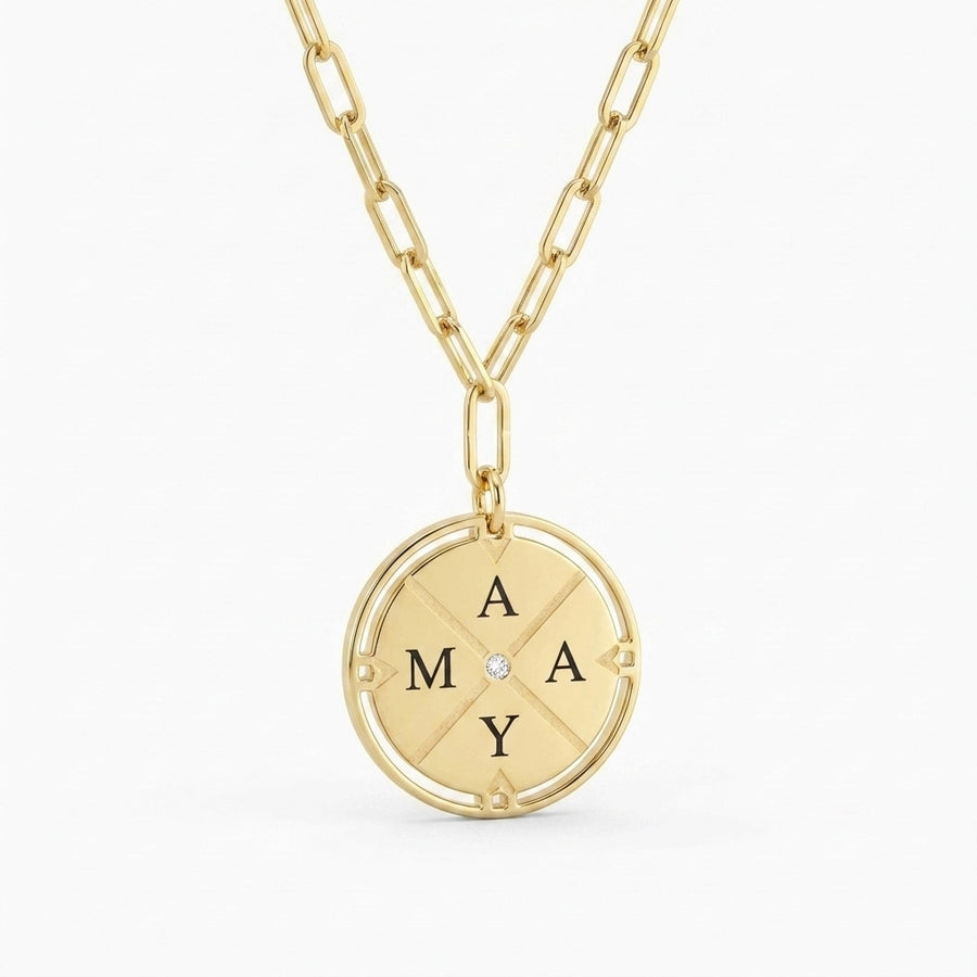 Personalized Compass Pendant Necklace gold hero front view
