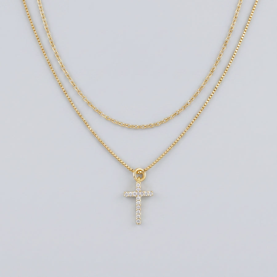 Dainty Cable & Pavé Cross Necklace — Stacking Set