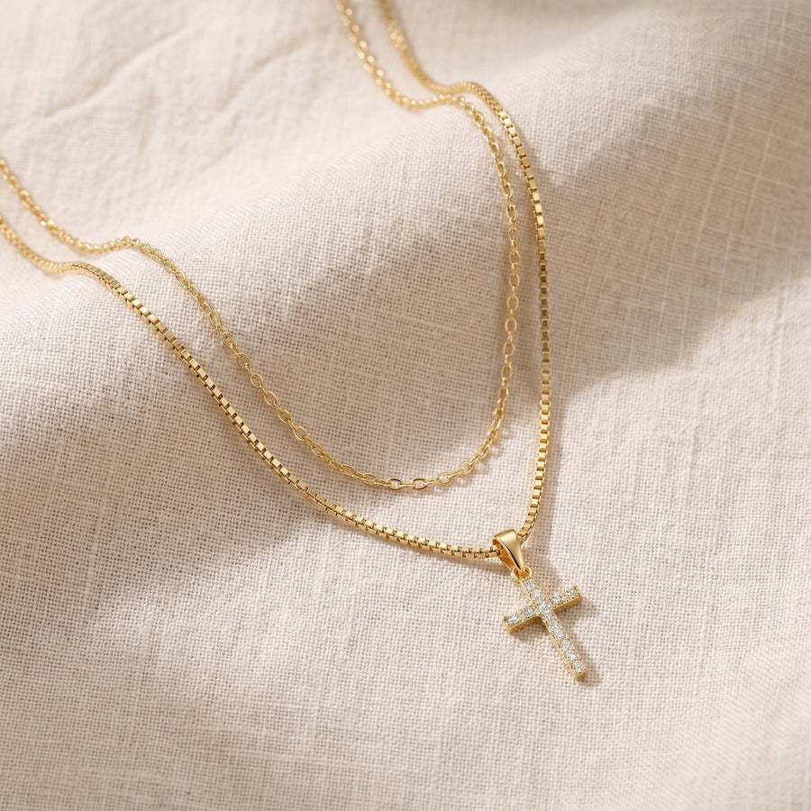 Dainty Cable & Pavé Cross Necklace — Stacking Set