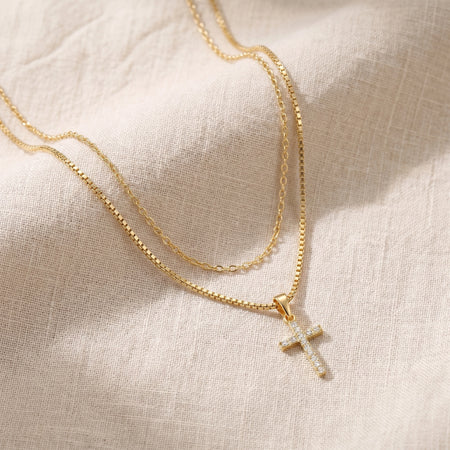 Dainty Cable & Pavé Cross Necklace — Stacking Set
