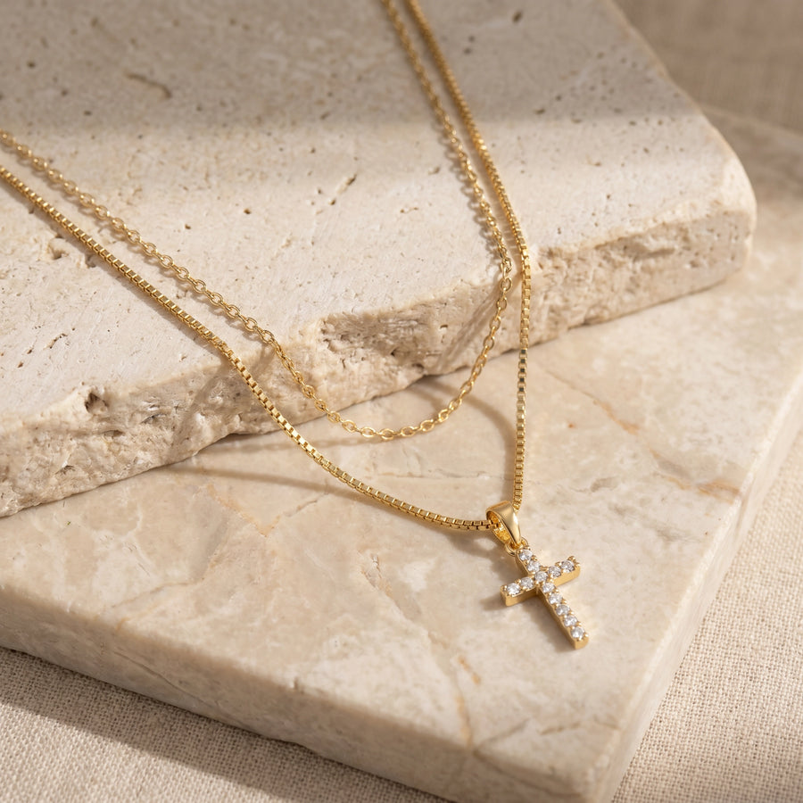 Dainty Cable & Pavé Cross Necklace — Stacking Set