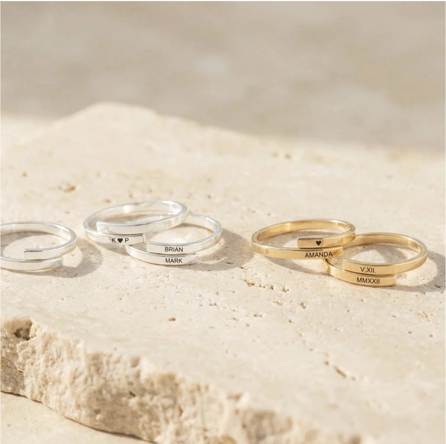 Two-Name Wrap Ring — silver and gold finishes side by side