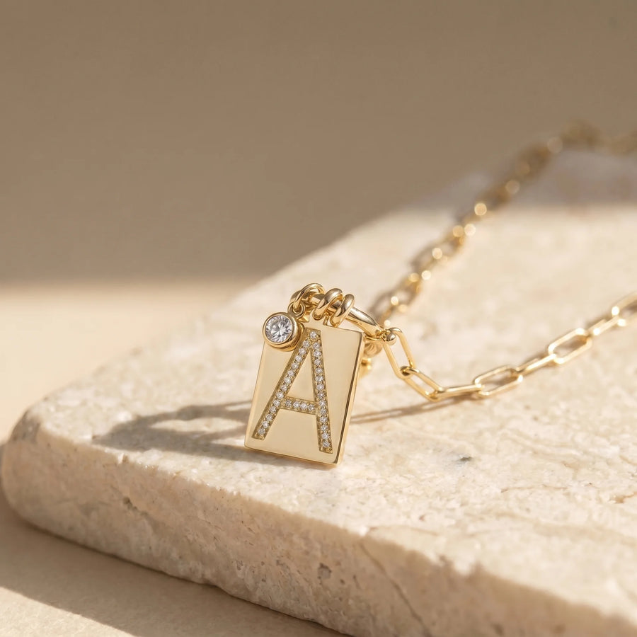 Pave Initial Pendant Necklace with Paperclip Chain