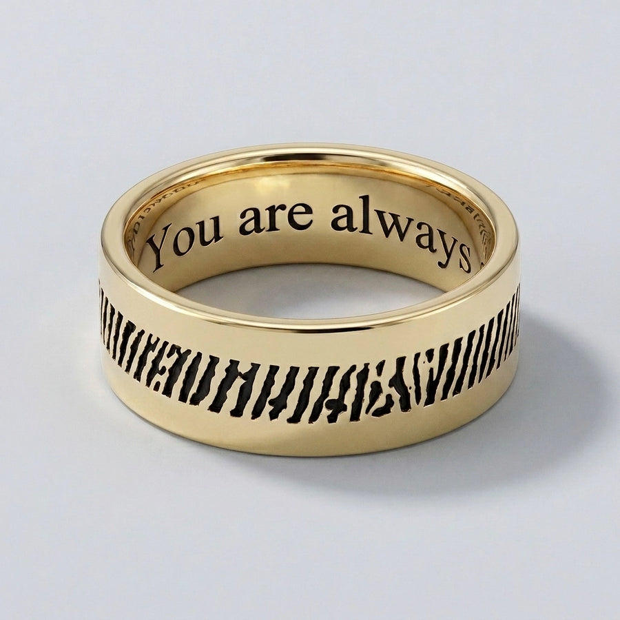 Men's Slender 14k Gold Fingerprint Ring hero — rolled fingerprint engraving with You are always inside