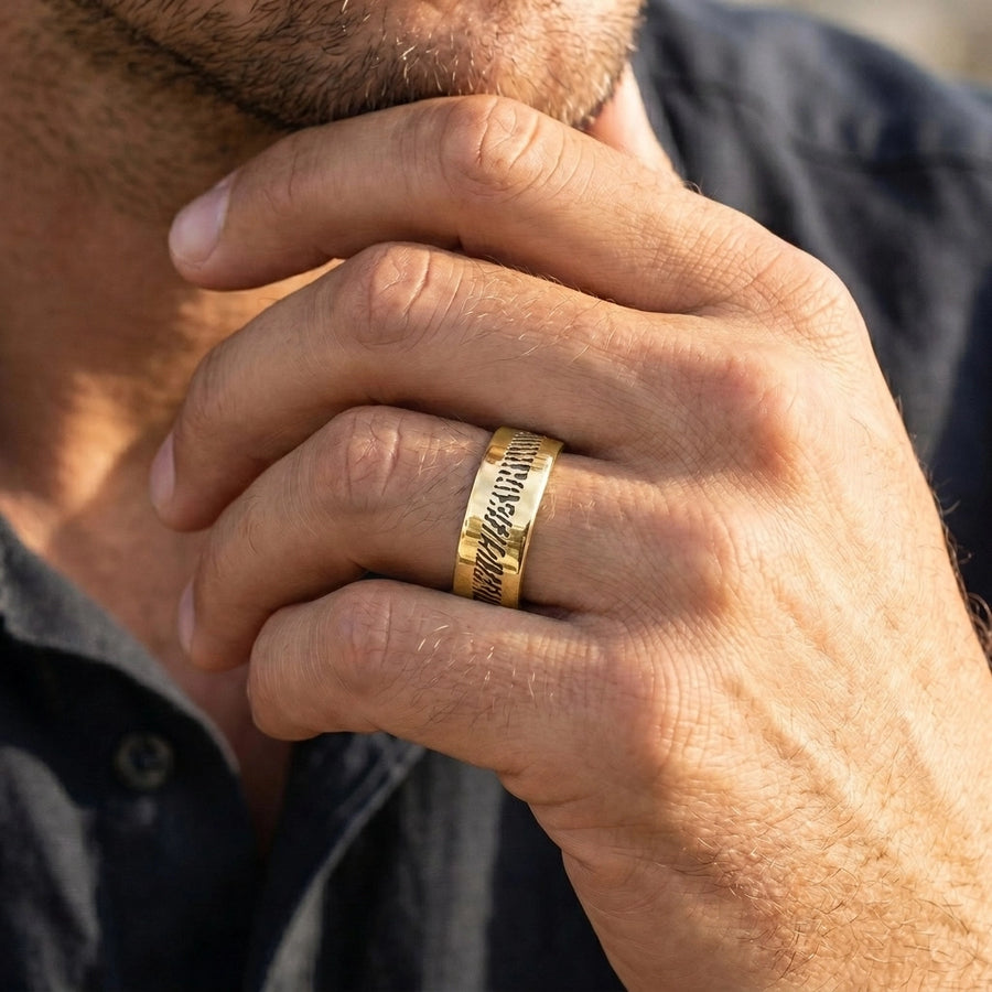 Men's Slender 14k Gold Fingerprint Ring on Liam's hand brought to face