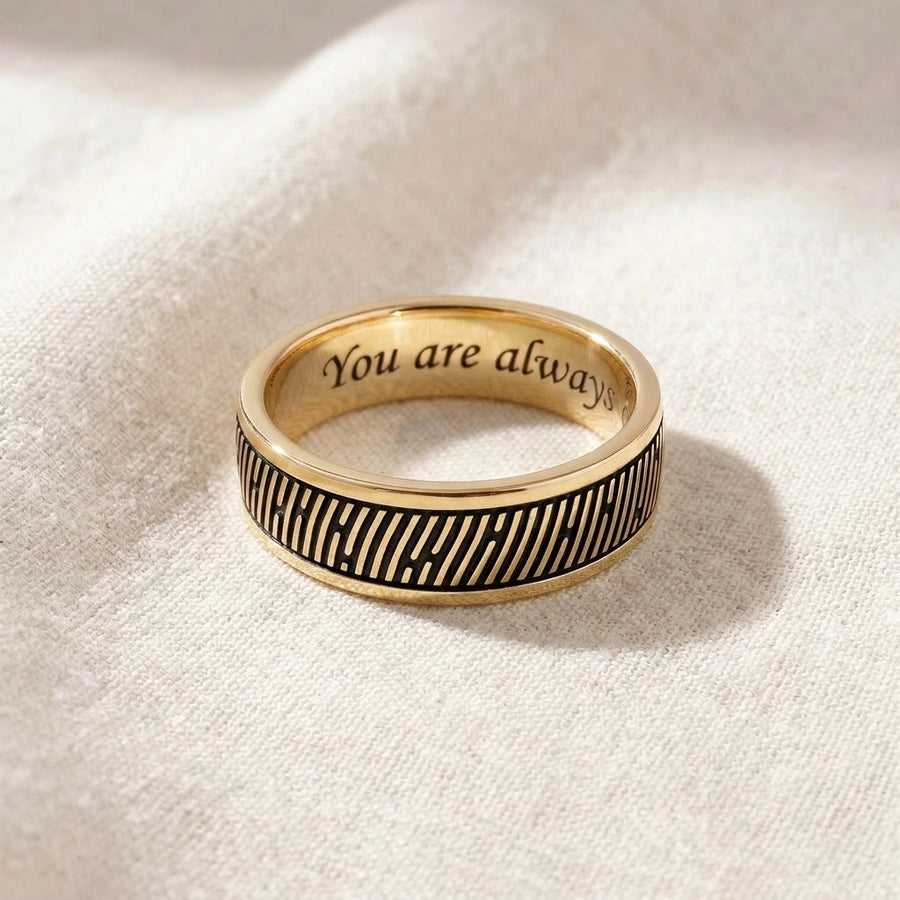 Men's Slender 14k Gold Fingerprint Ring on natural linen flatlay