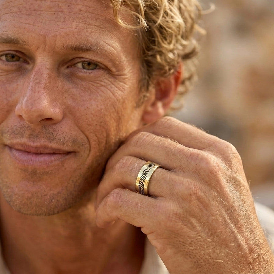 Men's Slender 14k Gold Fingerprint Ring worn close-up on Liam's hand