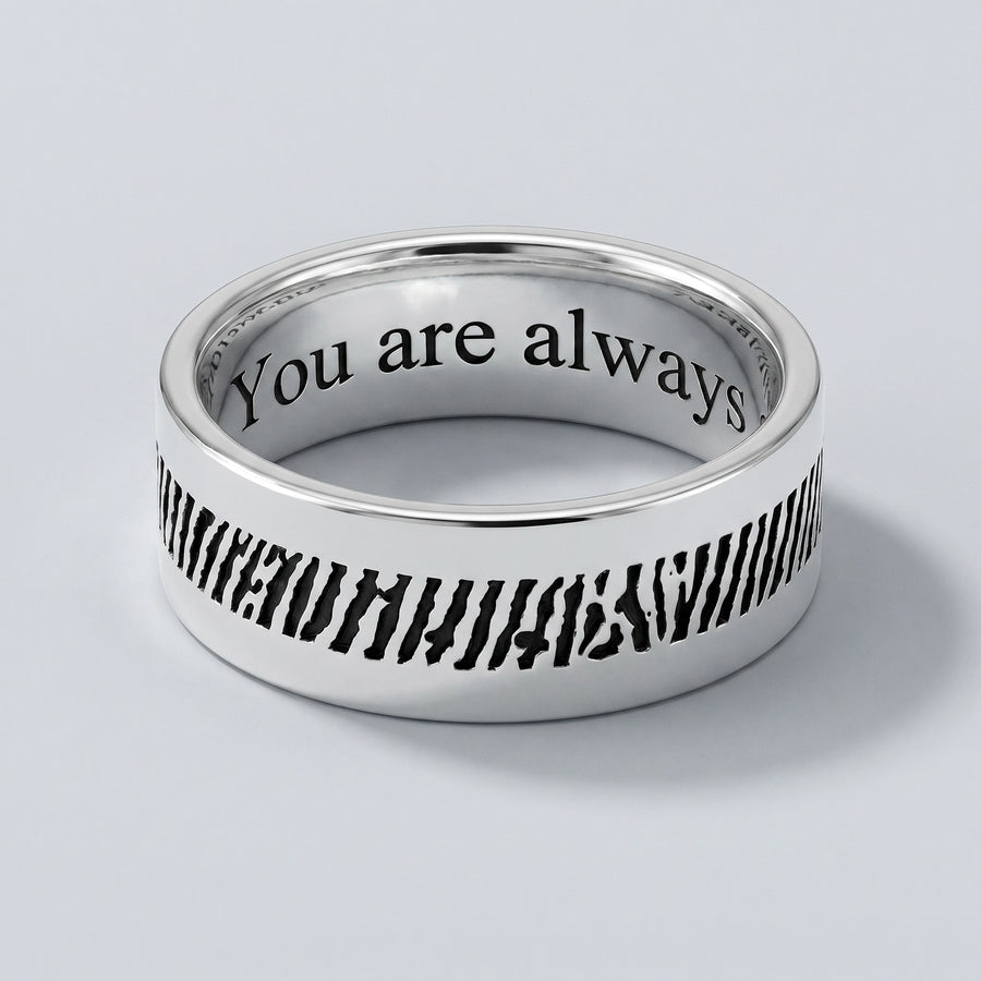 Men's slender sterling silver fingerprint ring hero — rolled fingerprint engraving with You are always inside