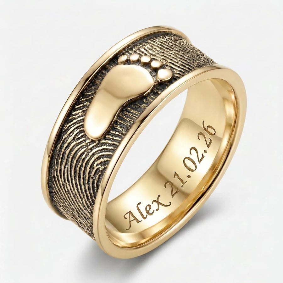 Ring Foot Print 14K Gold Vermeil Keepsakes — hero studio shot showing embossed baby footprint and rolled fingerprint pattern with inside engraving Alex 21.02.26