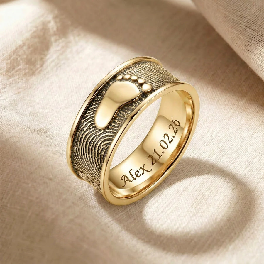 Ring Foot Print 14K Gold Vermeil Keepsakes resting on natural ecru linen fabric