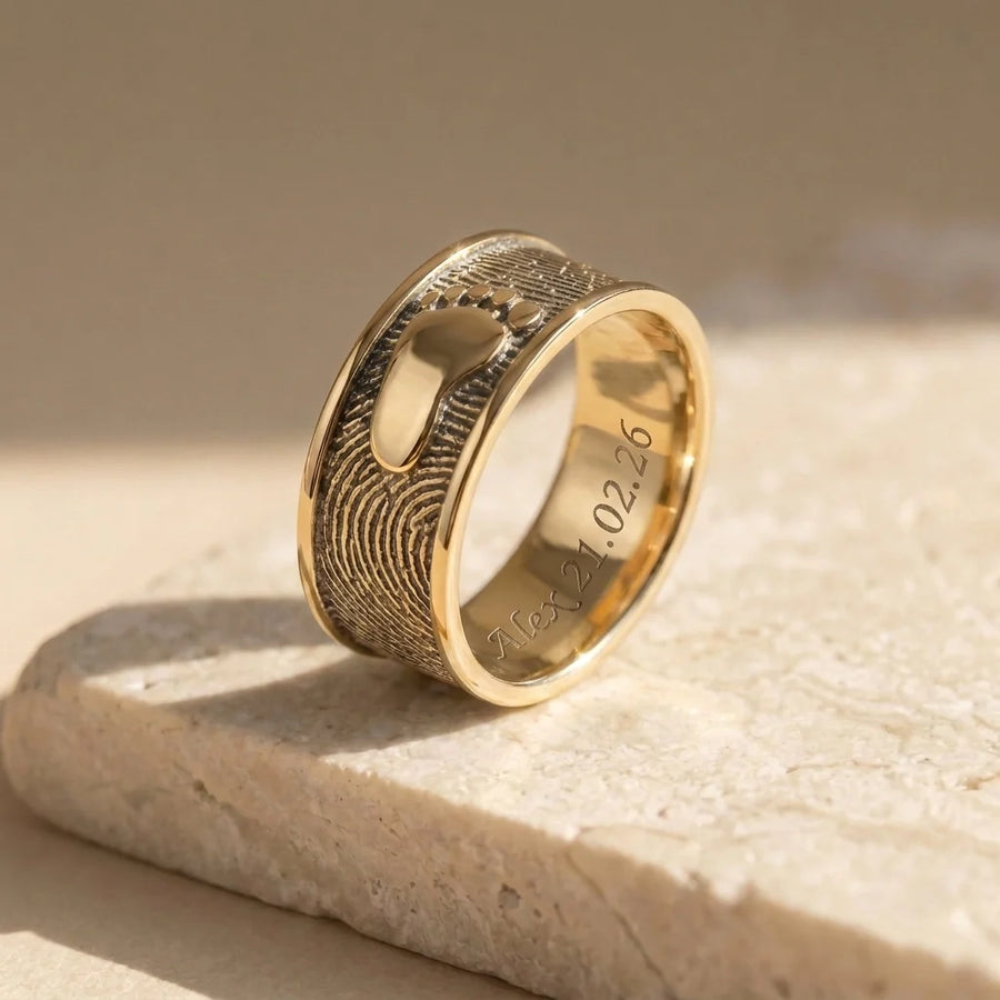 Ring Foot Print 14K Gold Vermeil Keepsakes on travertine marble surface, premium editorial photography