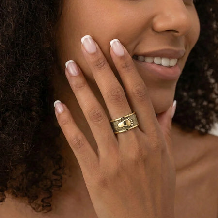 Ring Foot Print 14K Gold Vermeil Keepsakes worn by Black woman with afro hair, lifestyle portrait