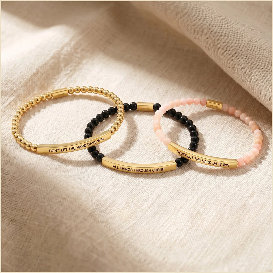 Forever in My Heart bracelet stack on linen